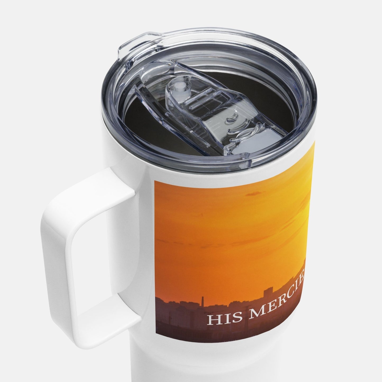 'His mercies renew each morning' - 25oz travel mug with handle - MIMIKO DESIGNS - christian apparel gifts