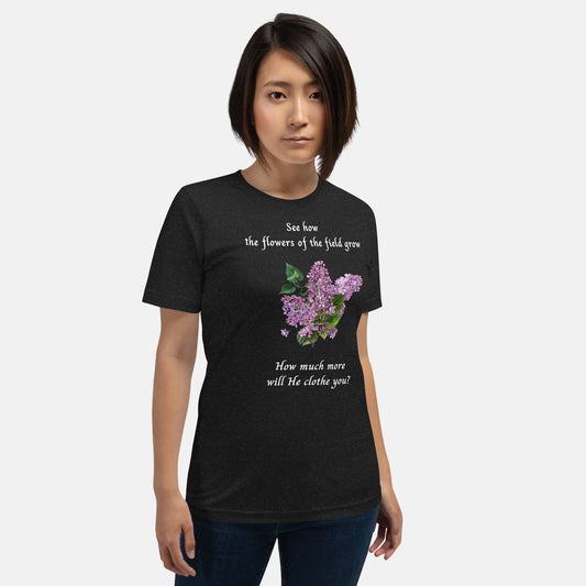 'Lilac and Sparrow' - cotton t-shirt - Black Heather - MIMIKO DESIGNS - christian apparel gifts