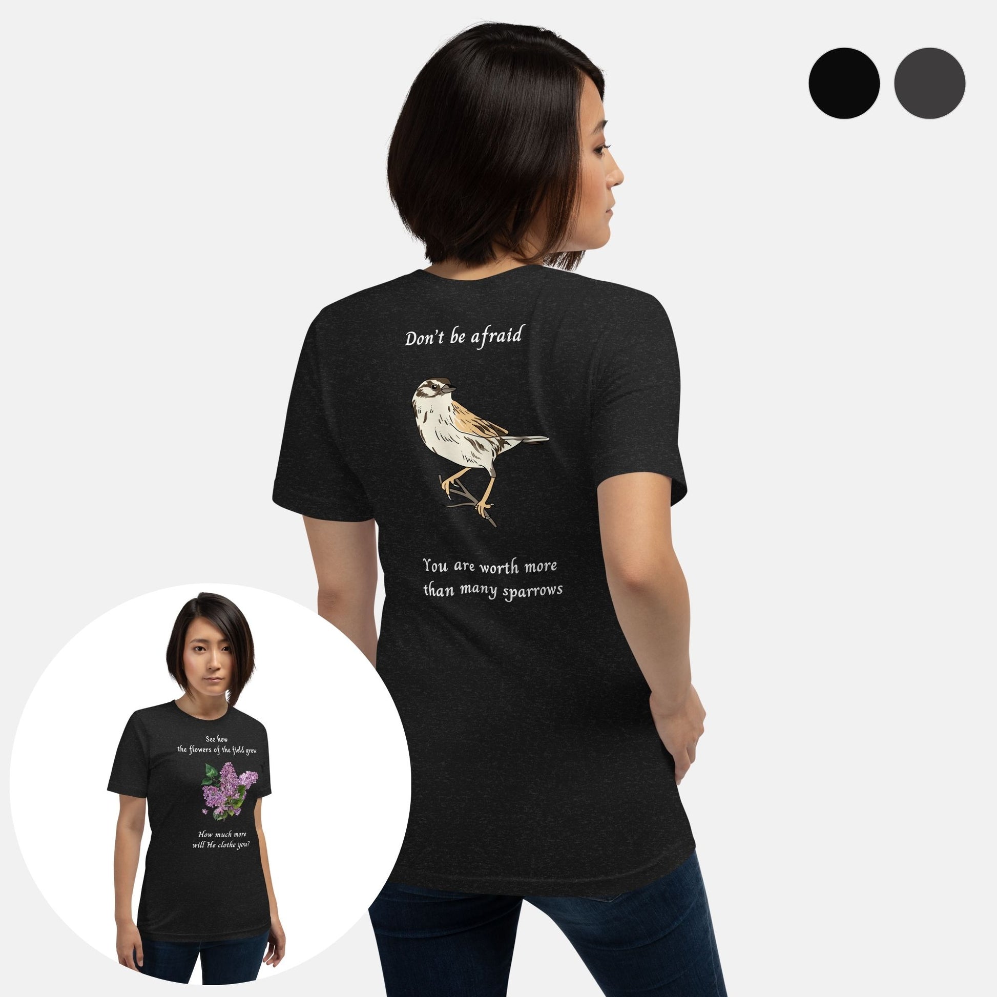 'Lilac and Sparrow' - cotton t-shirt - Black Heather - MIMIKO DESIGNS - christian apparel gifts