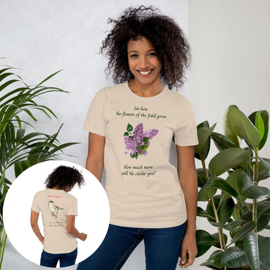 'Lilac and Sparrow' - cotton t-shirt soft cream - XS - MIMIKO DESIGNS - christian apparel gifts