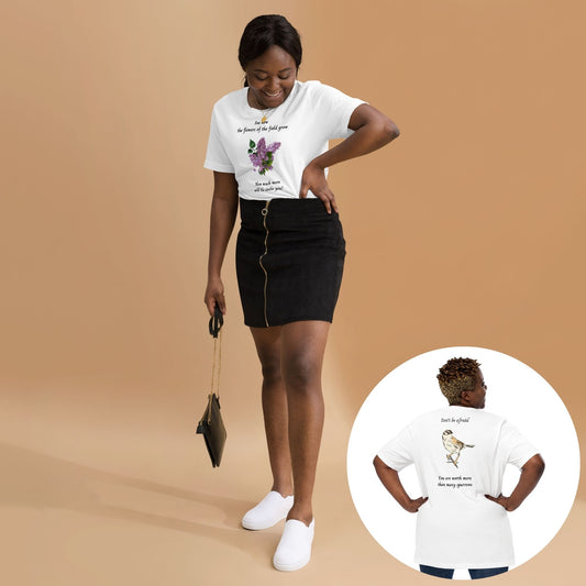 'Lilac and Sparrow' - cotton t-shirt white - XS - MIMIKO DESIGNS - christian apparel gifts