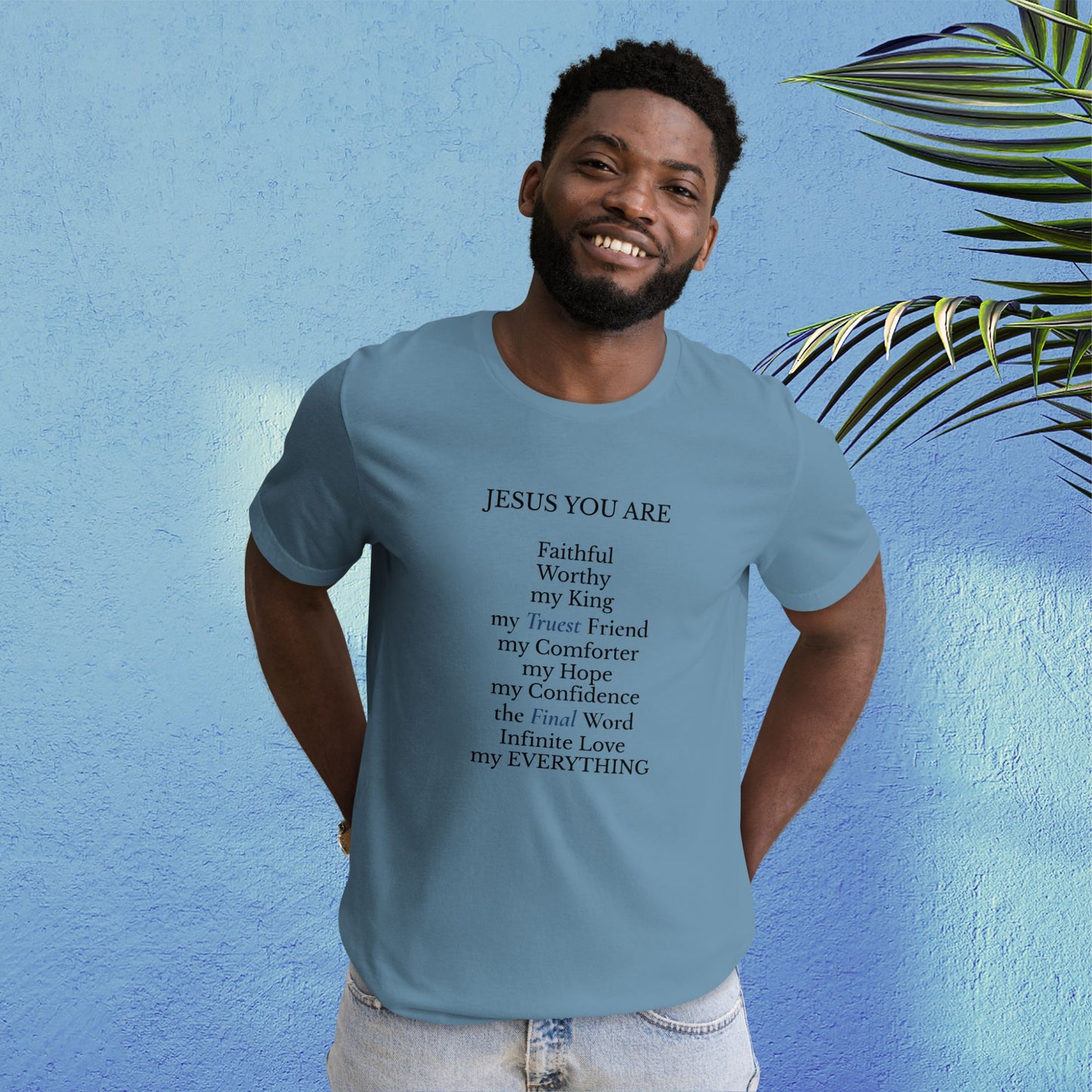 'Names of Jesus' - unisex tee steel blue edition
