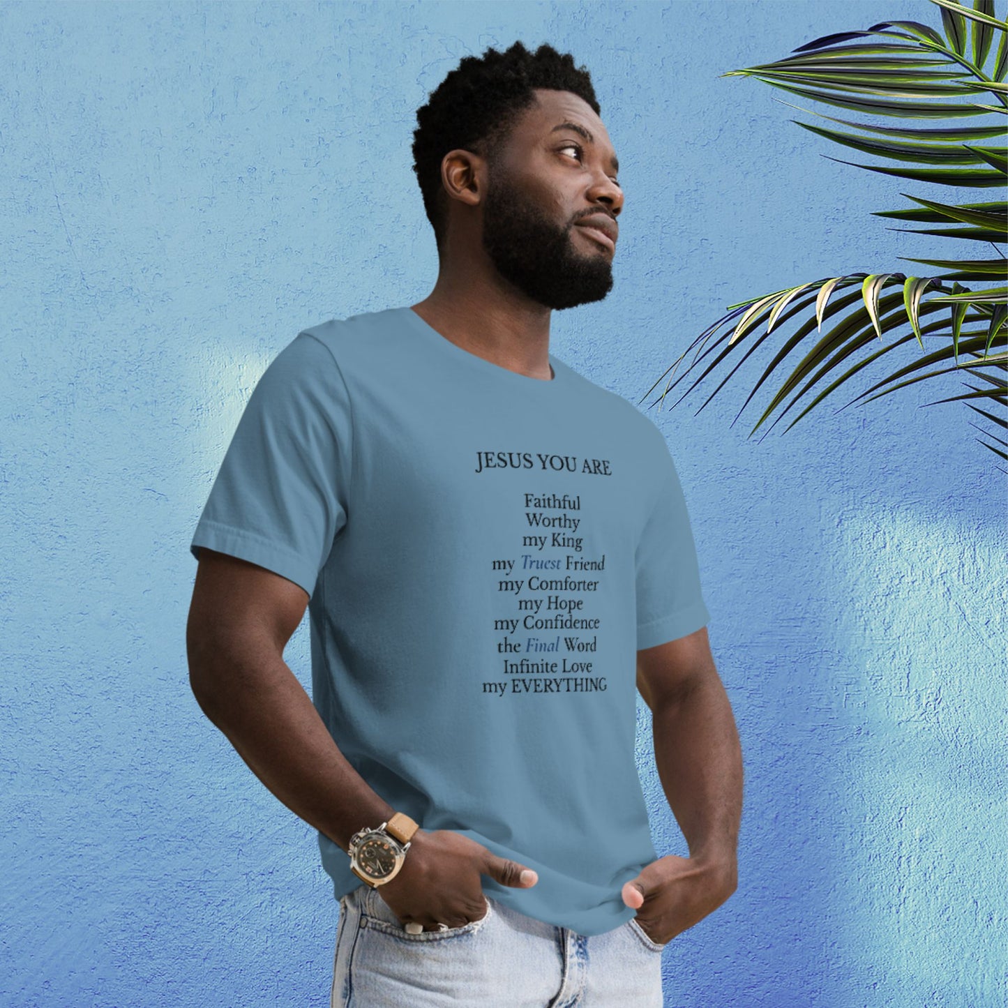 'Names of Jesus' - unisex tee steel blue edition