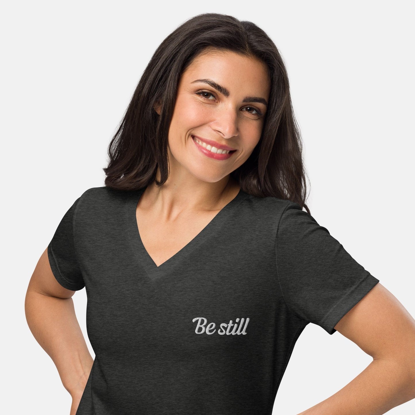 'Be still' - embroidered v-neck t-shirt
