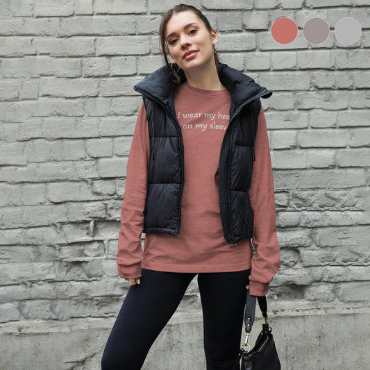 'I wear my heart on my sleeve' - embroidered long sleeve tee - Heather Mauve - MIMIKO DESIGNS - christian apparel gifts