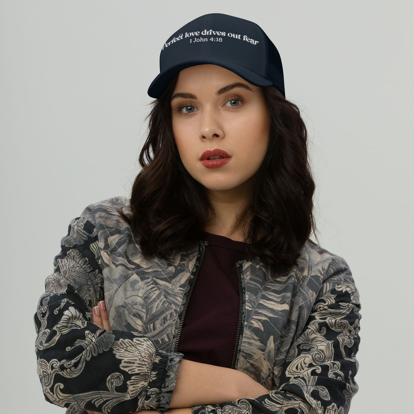 'Perfect love drives out fear' - embroidered trucker cap - Navy - MIMIKO DESIGNS - christian apparel gifts