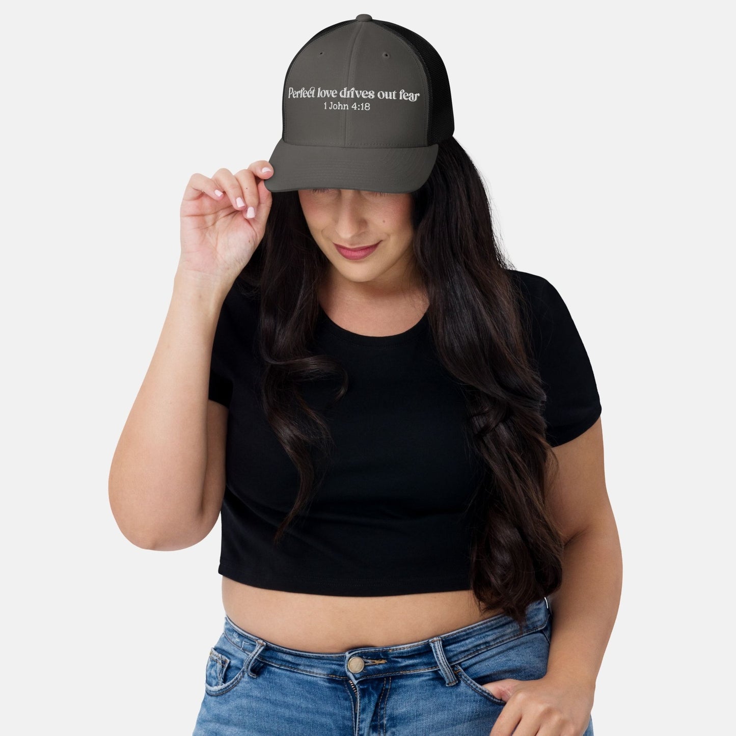 'Perfect love drives out fear' - embroidered trucker cap - Charcoal/ Black - MIMIKO DESIGNS - christian apparel gifts