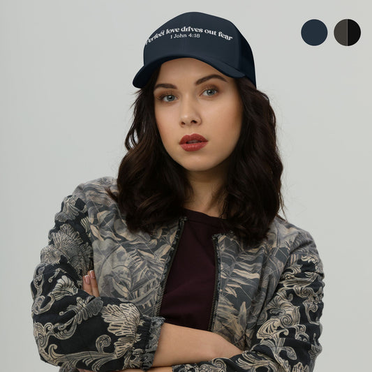 'Perfect love drives out fear' - embroidered trucker cap - Navy - MIMIKO DESIGNS - christian apparel gifts