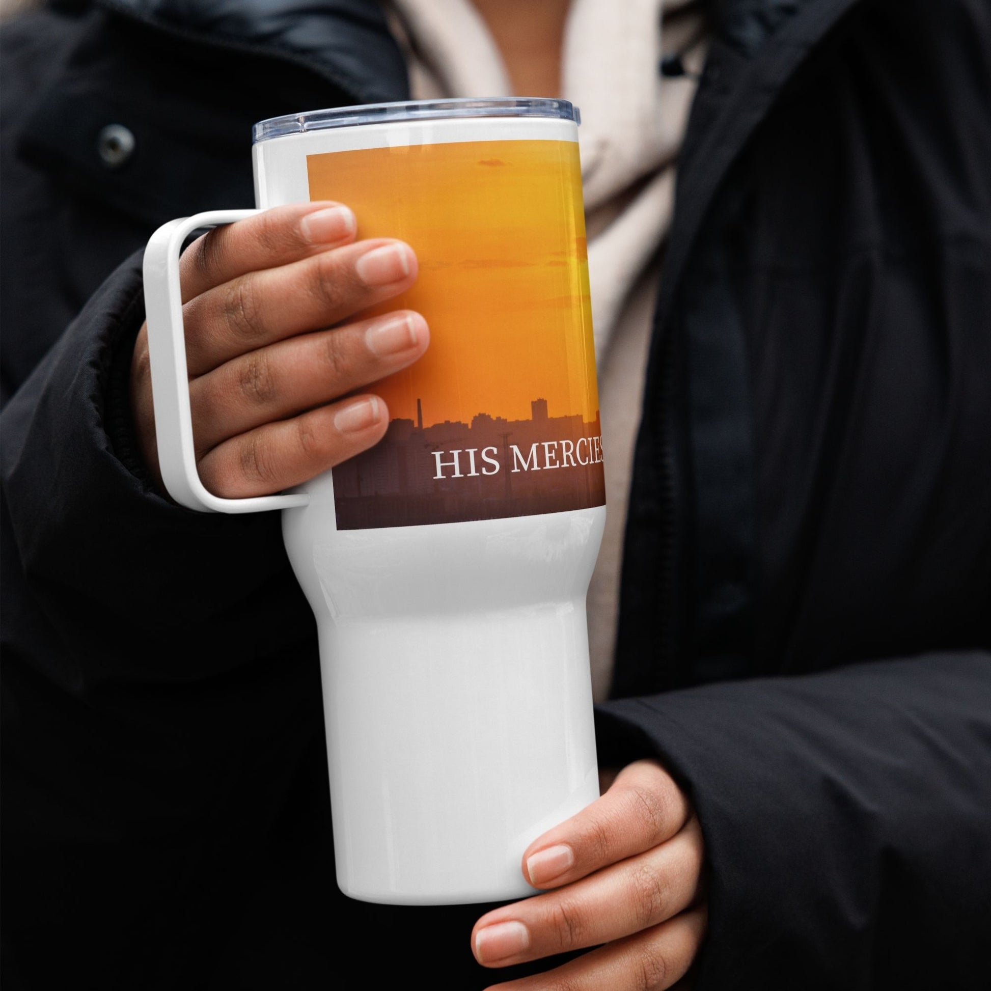 'His mercies renew each morning' - 25oz travel mug with handle - MIMIKO DESIGNS - christian apparel gifts