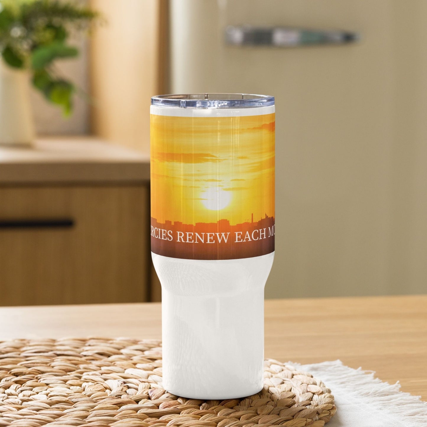 'His mercies renew each morning' - 25oz travel mug with handle - MIMIKO DESIGNS - christian apparel gifts