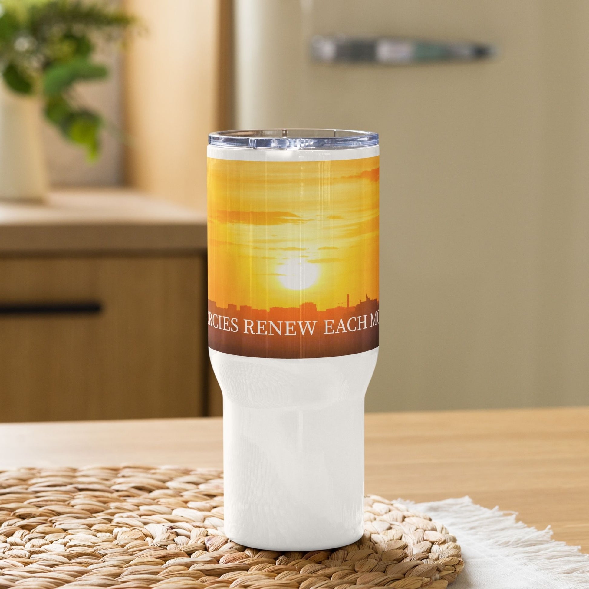 'His mercies renew each morning' - 25oz travel mug with handle - MIMIKO DESIGNS - christian apparel gifts