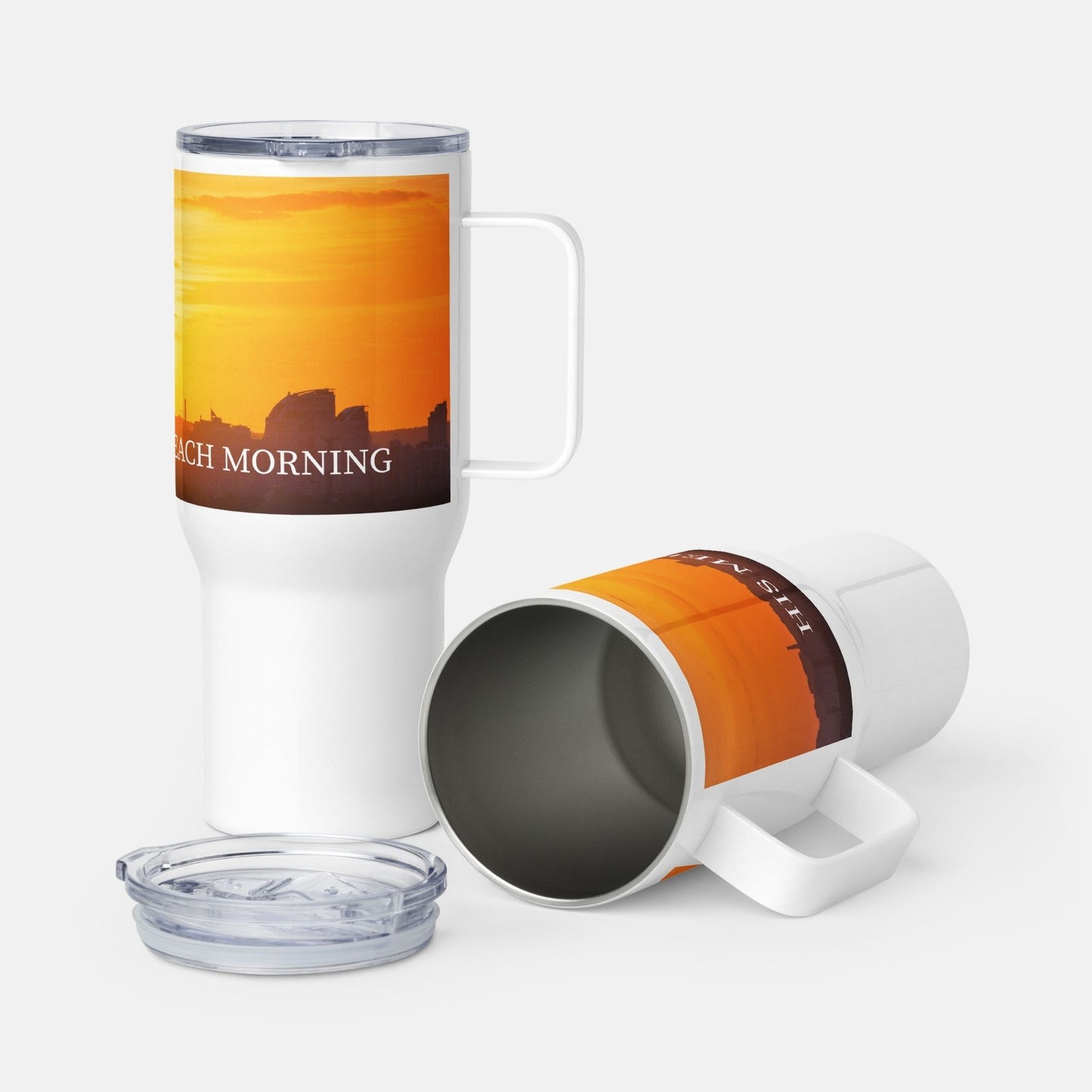 'His mercies renew each morning' - 25oz travel mug with handle - MIMIKO DESIGNS - christian apparel gifts