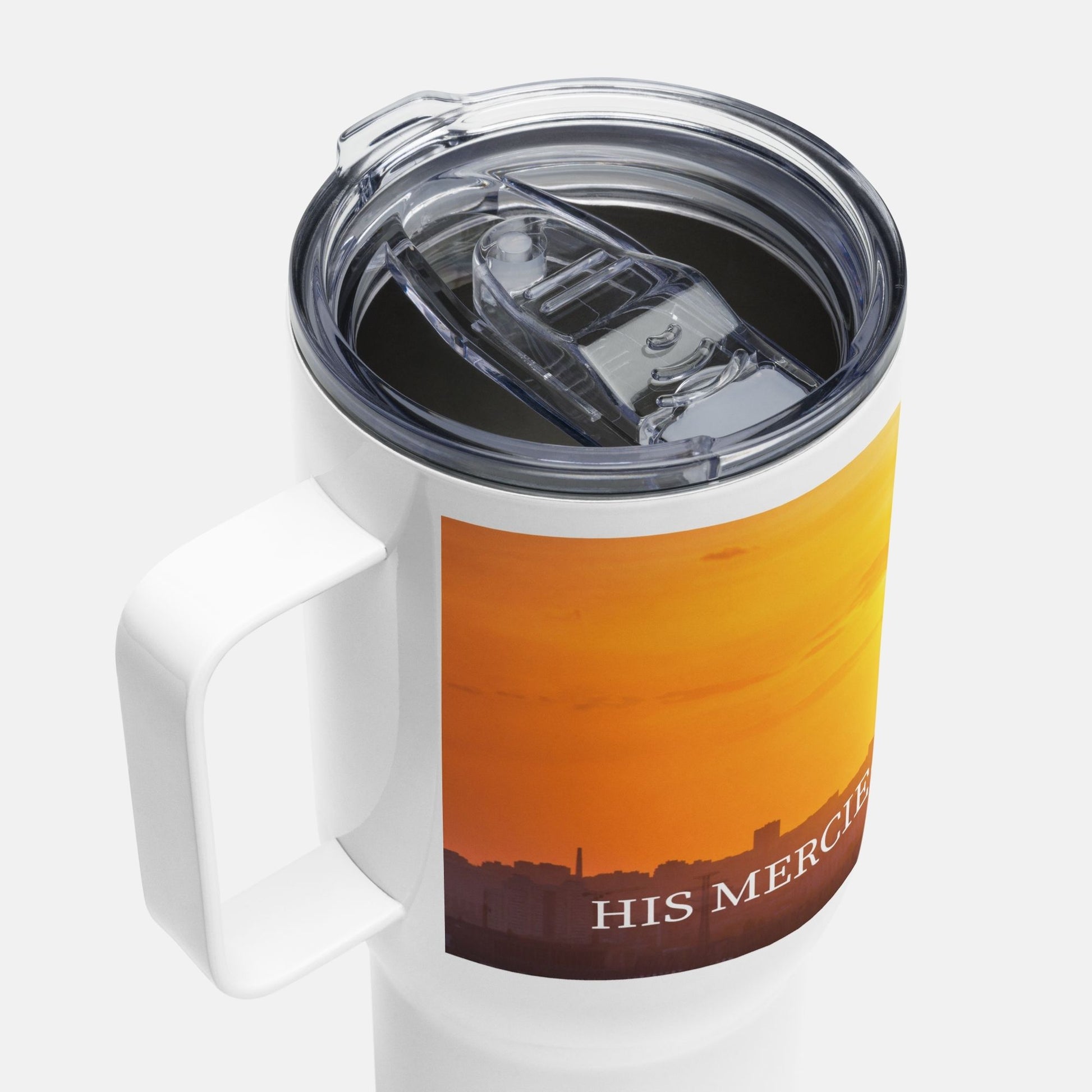 'His mercies renew each morning' - 25oz travel mug with handle - MIMIKO DESIGNS - christian apparel gifts