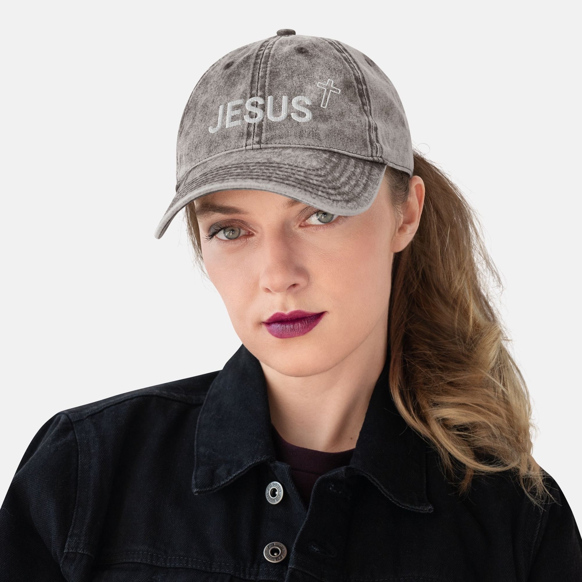 'Jesus' - embroidered vintage cotton twill cap - MIMIKO DESIGNS - christian apparel gifts